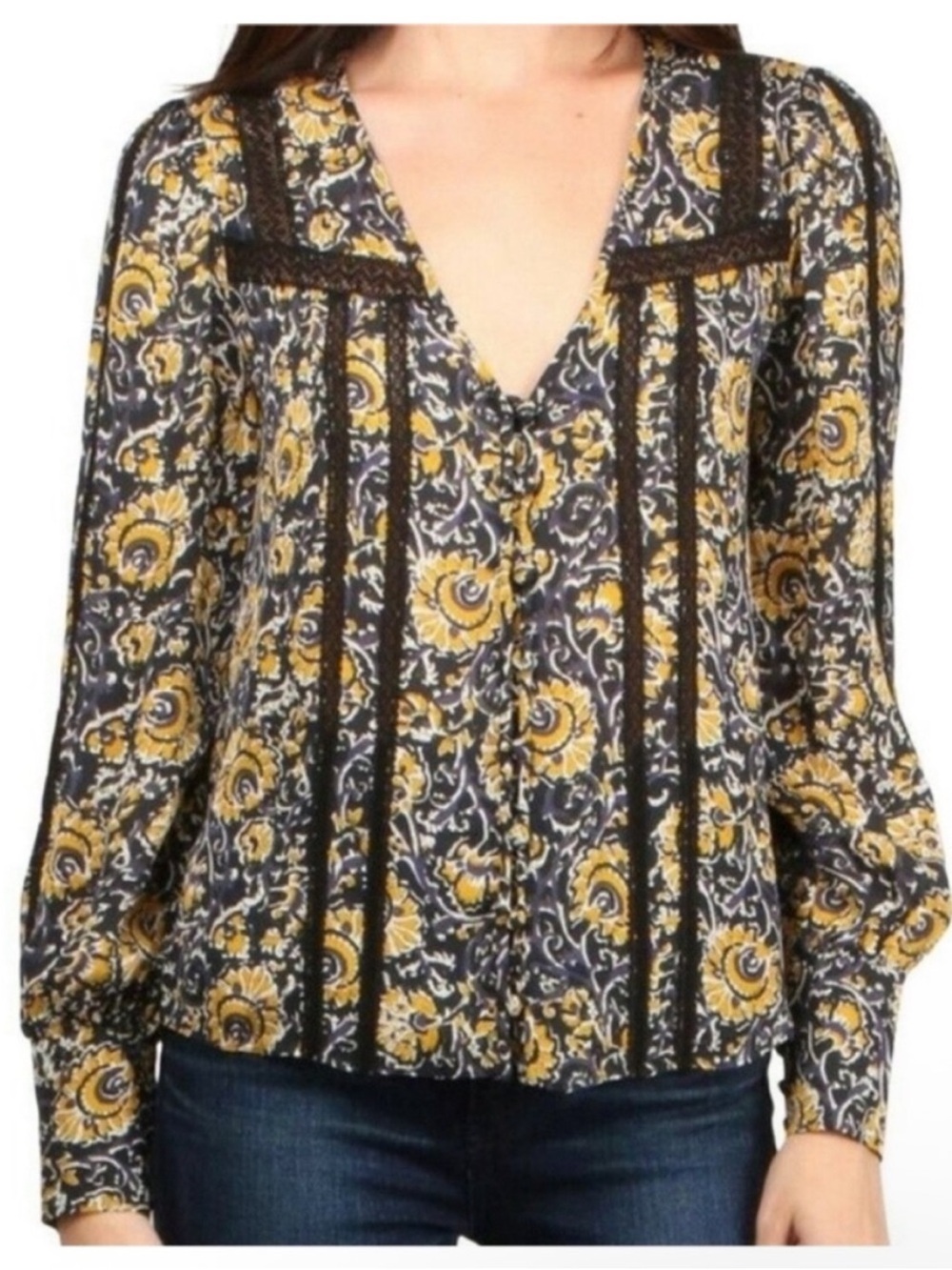 Veronica Beard Tarry Crochet Trim Yellow Floral V-Neck Silk Women's Blouse Sz 2